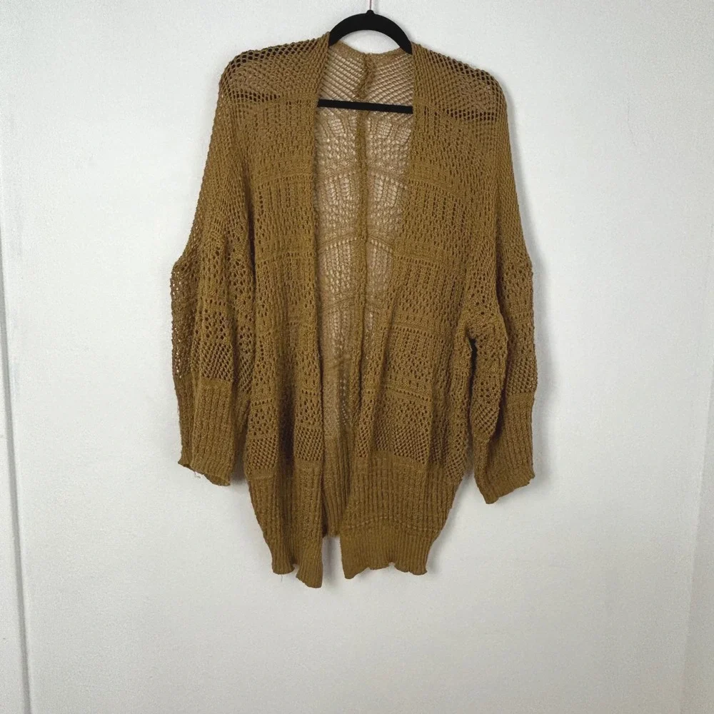 Mustard Yellow Open Knit Netted Crochet Cardigan Boho Coastal Kimono Cottage OS